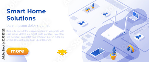 SMART HOME SOLUTIONS - Isometric Design in Trendy Colors Isometrical Icons on Blue Background. Banner Layout Template for Website Development. Smart Home Concept.