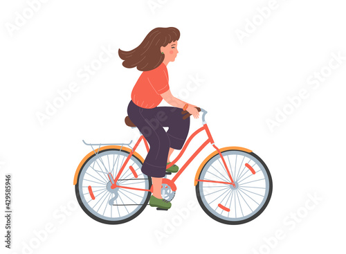 Woman on bicycle. Cycling girl isolated on white background.