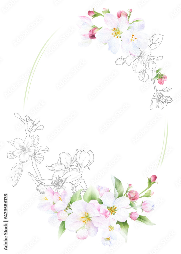 Hand drawn mixed watercolor & linear oval floral frame with picturesque apple flowers, buds and leaves isolated on a white background. Floral frame for the wedding invitations, greeting cards.	