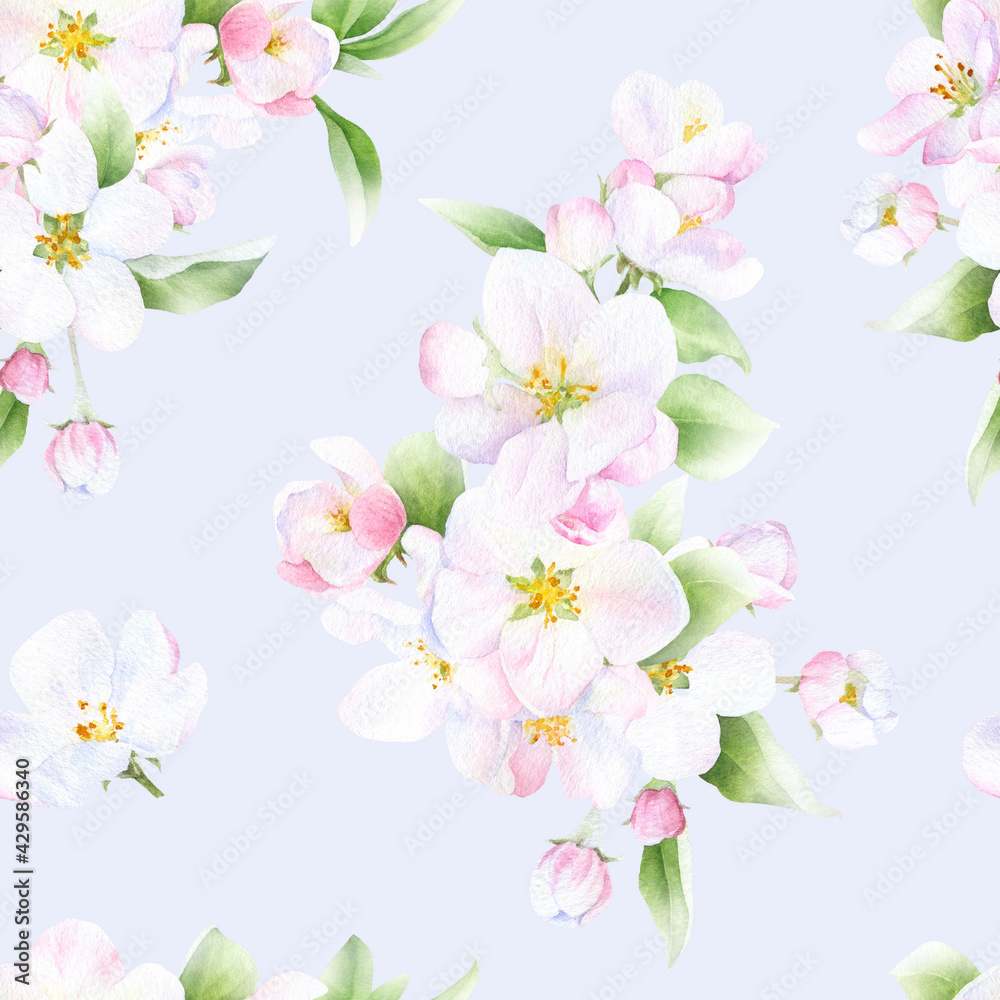 Fototapeta premium Picturesque seamless floral pattern of the apple blossom arrangements with flowers, leaves and buds hand drawn in watercolor isolated on a light blue background. Watercolor floral pattern. 