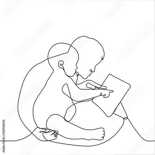 father and child are pointing their finger at the tablet screen - one line drawing. dad plays with a toddler or teaches his child using a tablet. concept of educational games for toddler