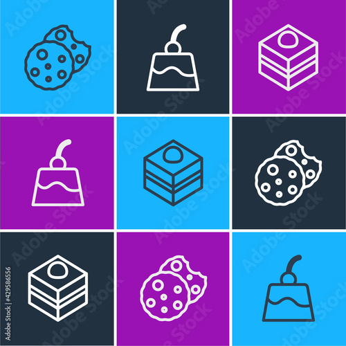 Set line Cookie or biscuit, Brownie chocolate cake and Pudding custard icon. Vector