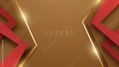 Elegant red shade on brown background with line golden elements. Realistic luxury paper cut style 3d modern concept. vector illustration for design.