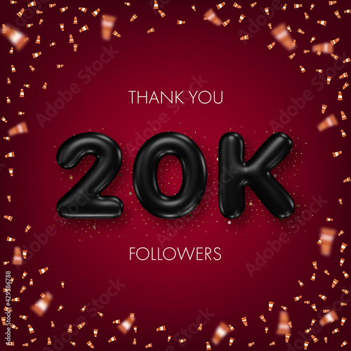 Thank you followers. Social media achievement poster with black 3d numbers and confetti on dark red background