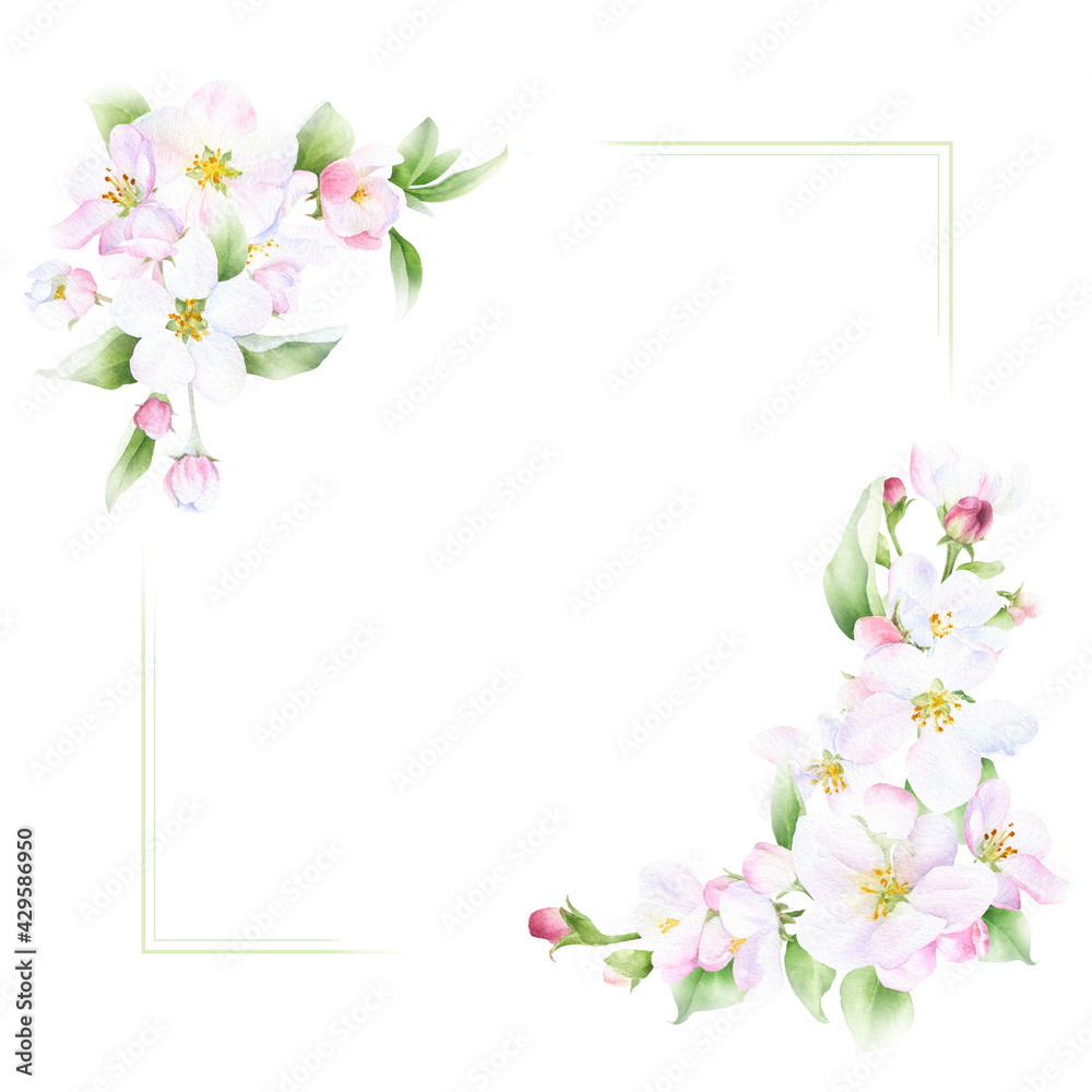 Square floral spring frame of the pink apple flowers and green leaves hand drawn in watercolor isolated on a white background. Floral watercolor illustration. Watercolor floral frame