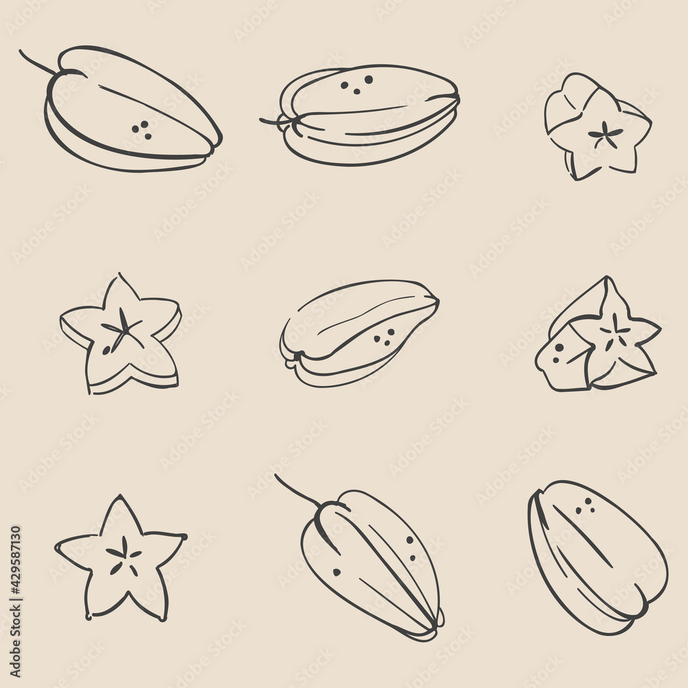 Collage of nine fruits. Set of hand drawn carambola. Minimalist charcoal outlines. Isolated on beige. Illustrations for grocery stores, cover designs, interiors, advertisements, grocery stores, menus.