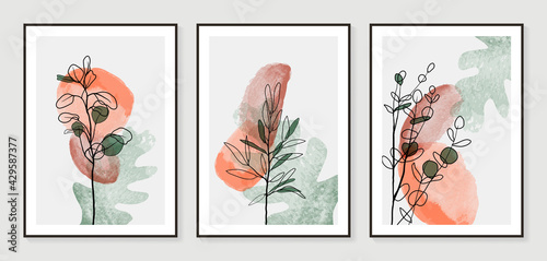 Botanical wall art vector set. Water color boho foliage line art drawing with  abstract shape.  Abstract Plant Art design for print  cover  wallpaper  Minimal and  natural wall art.