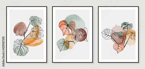Botanical wall art vector set. Water color boho foliage line art drawing with  abstract shape.  Abstract Plant Art design for print, cover, wallpaper, Minimal and  natural wall art.