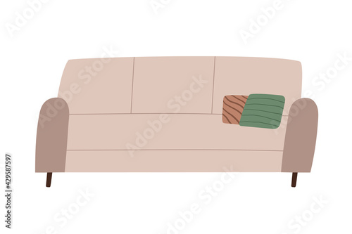 Cozy sofa with pollows isolated on white background. Flat cartoon vector illustration.