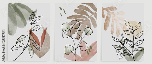 Botanical wall art vector set. Water color boho foliage line art drawing with  abstract shape.  Abstract Plant Art design for print, cover, wallpaper, Minimal and  natural wall art.