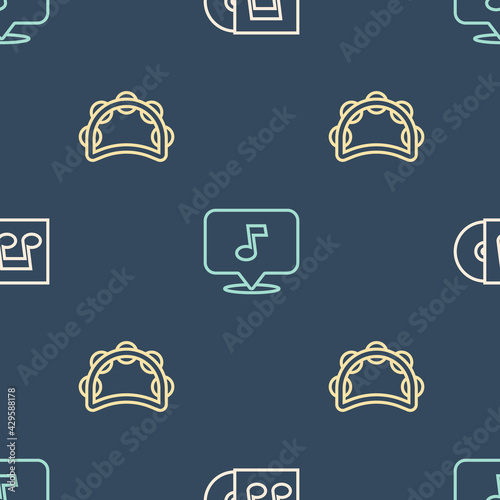 Set line Vinyl disk, Tambourine and Music note, tone on seamless pattern. Vector