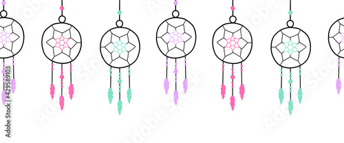 Seamless dreamcatchers border vector illustration. Hand drawn dream catchers repeating horizontal header pattern