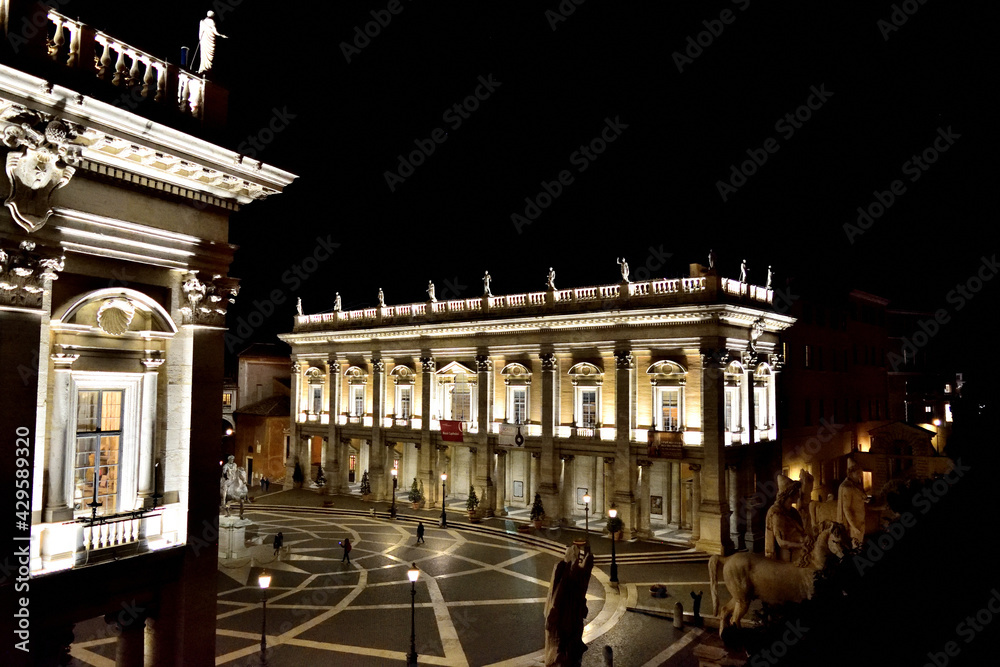 view of the Senatorial Palace (Palazzo Senatorio) / Capitoline Museums (Musei Capitolini) by night - Capitoline Hill / Capitoline square (Piazza del Campidoglio), Rome, Lazio, Italy, Europe