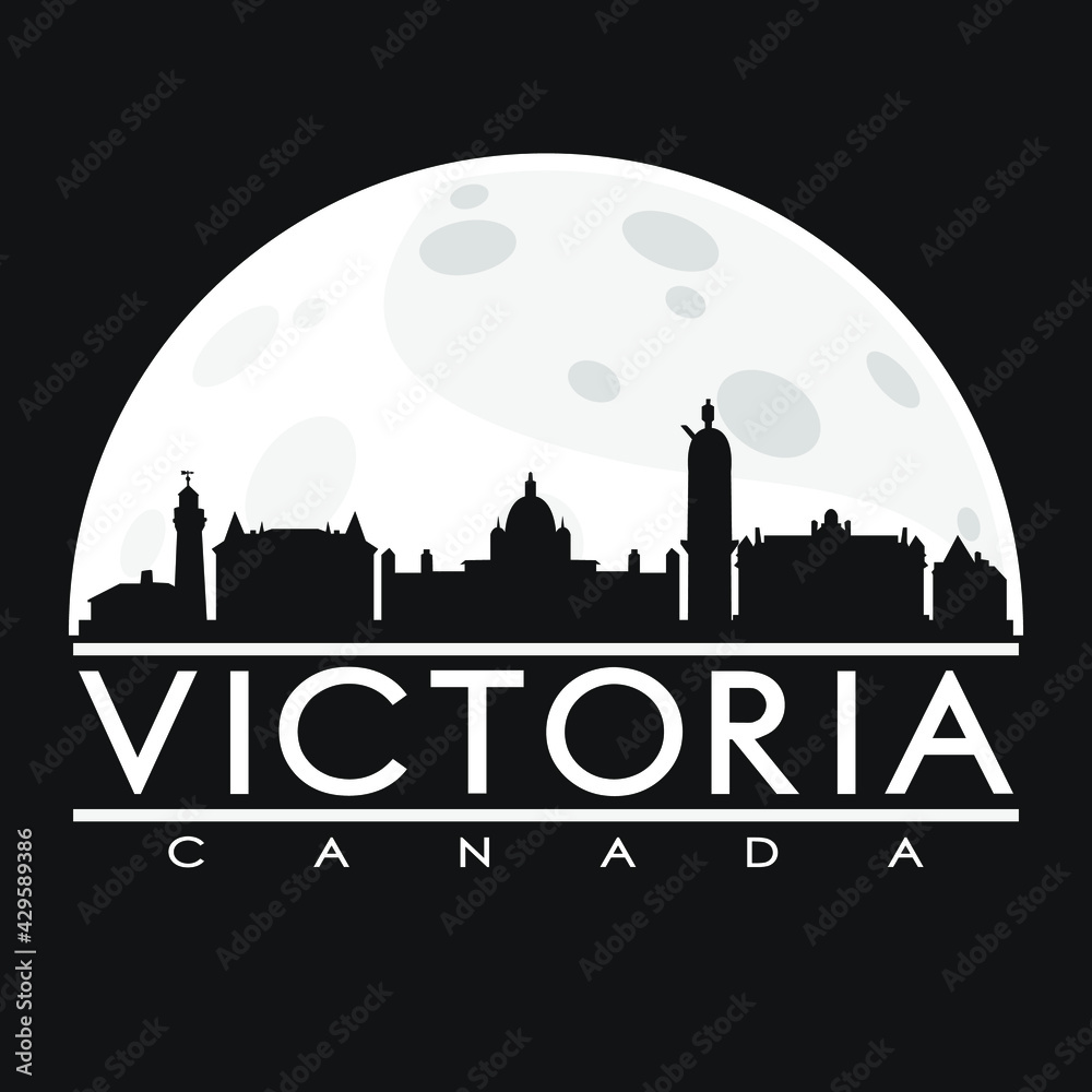 VIctoria Canada Full Moon Night Skyline Silhouette Design City Vector Art Background Illustration.