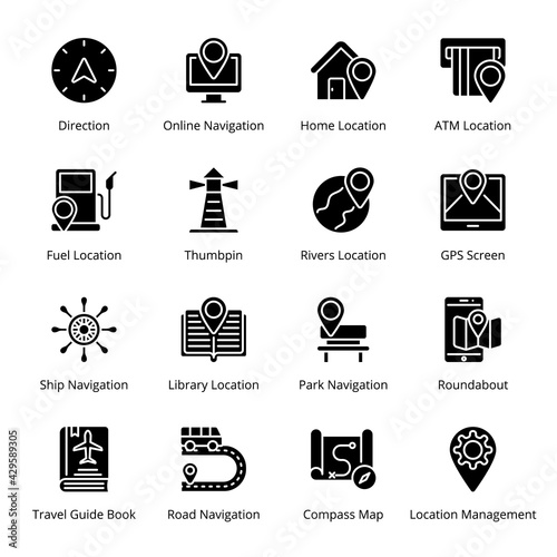Navigation and GPS Glyph Icons - Solid, Vectors