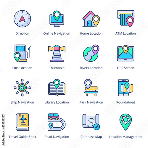 Navigation and GPS Filled Icons - Stroked, Vectors