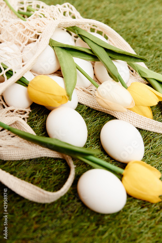 tulips easter eggs decoration holiday spring green background