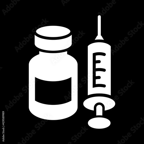 Vaccine Icon. Medical vial for injection and syringe  isolated on background. Concept for Medicine, COVID-19 Vaccination. Vector Illustration.