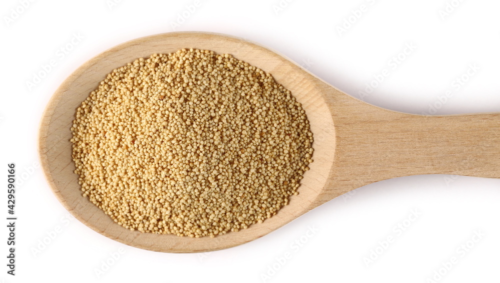 Amaranth seeds in wooden spoon isolated on white background and texture, top view Amaranth seeds in wooden spoon isolated on white background and texture, top view