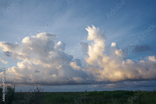 Picturesque colorful sunset with cloudy sky. Photo of the textured sky. Scenic image of dramatic light in summer weather. Breathtaking natural wallpaper background. Discover the beauty of the earth