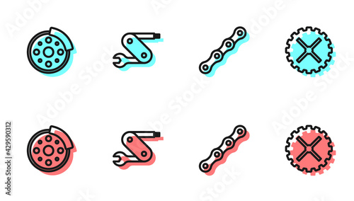 Set line Bicycle chain, brake disc, Swiss army knife and sprocket crank icon. Vector