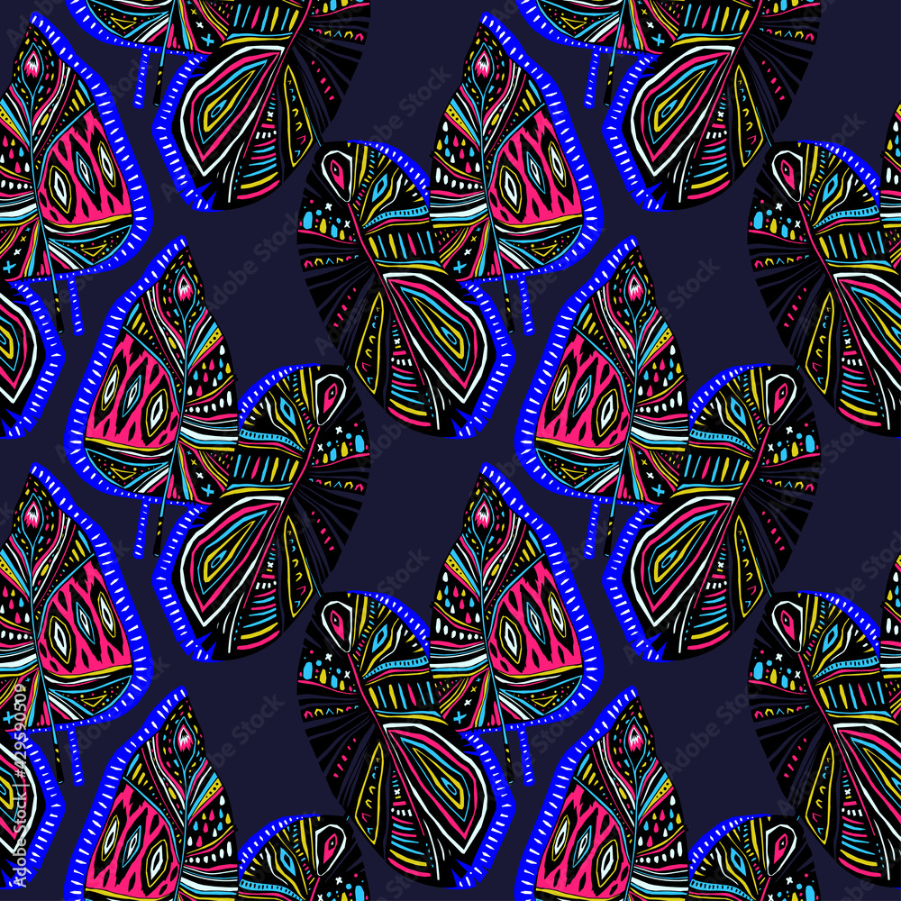 Naklejka premium Dynamic folk Boho Hygge contemporary flash style tropical leaves or feathers seamless pattern.