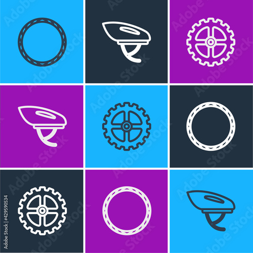 Set line Bicycle wheel, sprocket crank and helmet icon. Vector
