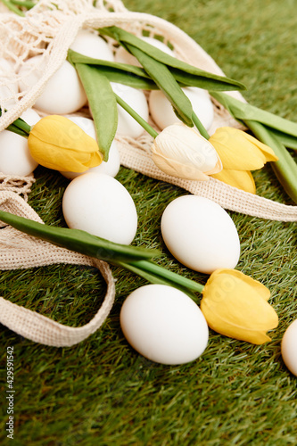 tulip bouquet easter eggs on grass decoration holiday tradition