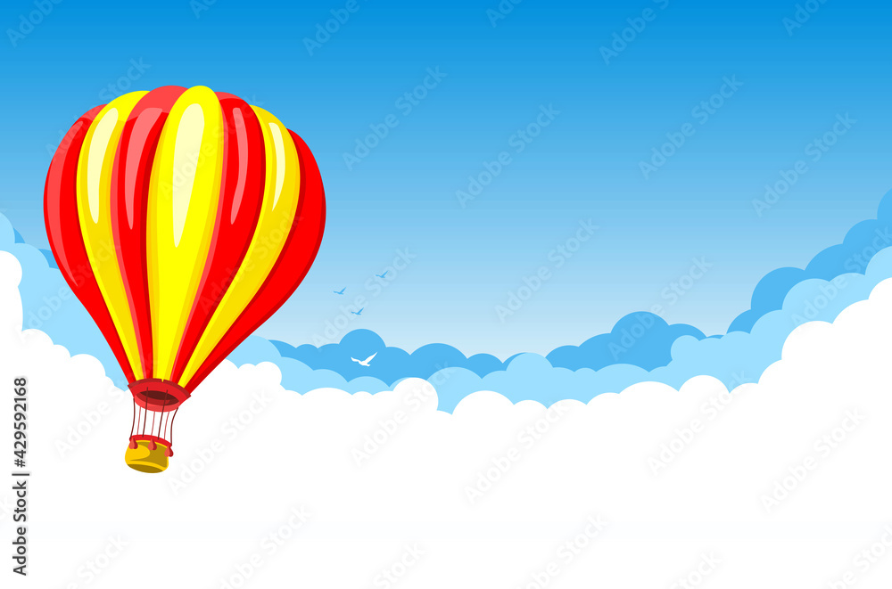 Fototapeta premium Hot Air Balloon in the blue sky with white clouds and birds. Illustration, vector