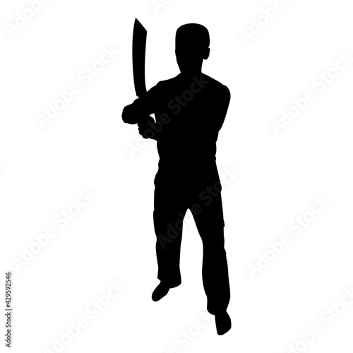 Silhouette man with sword machete cold weapons in hand military man soldier serviceman in various positions hunter with knife fight poses strong defender warrior concept weaponry standing black color