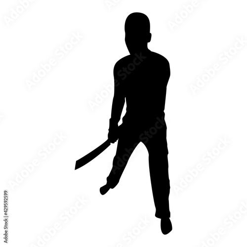 Silhouette man with sword machete cold weapons in hand military man soldier serviceman in various positions hunter with knife fight poses strong defender warrior concept weaponry standing black color