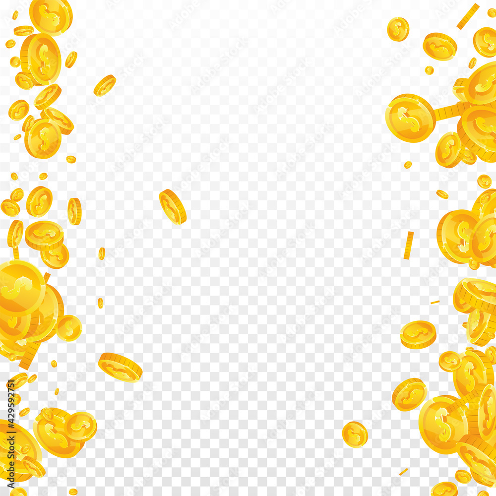 American dollar coins falling. Actual scattered USD coins. USA money. Tempting jackpot, wealth or success concept. Vector illustration.