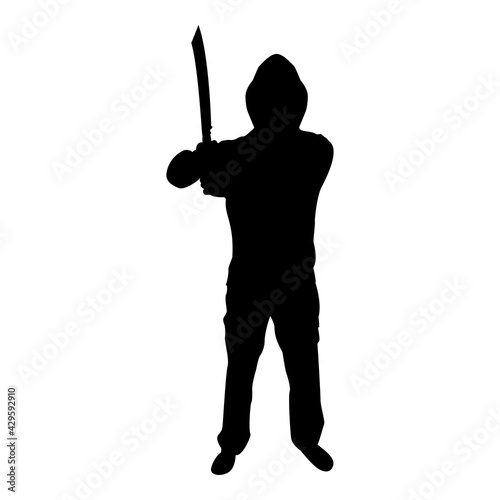 Silhouette man with sword machete cold weapons in hand military man soldier serviceman in various positions hunter with knife fight poses strong defender warrior concept weaponry standing black color