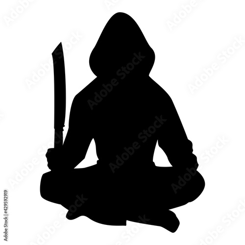 Silhouette man with sword machete cold weapons in hand military man soldier serviceman in various positions hunter with knife fight poses strong defender warrior concept weaponry lotus pose black