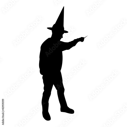 Silhouette wizard holds magic wand trick waving sorcery concept magician sorcerer fantasy person warlock man in robe with magical stick witchcraft in hat mantle mage conjure mystery idea enchantment