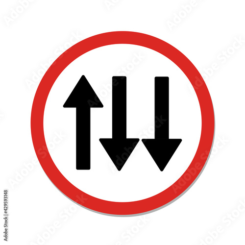 Three lane traffic road sign. Isolated on white background label.