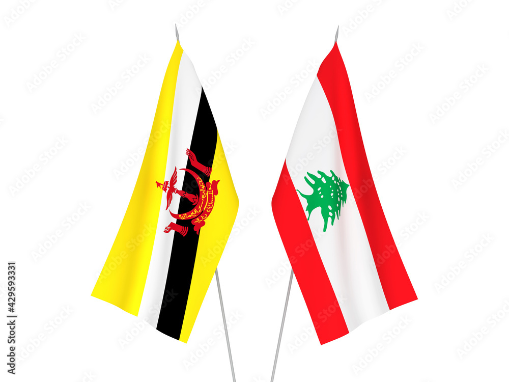 National fabric flags of Lebanon and Brunei isolated on white background. 3d rendering illustration. National fabric flags of Lebanon and Brunei isolated on white background. 3d rendering illustration.