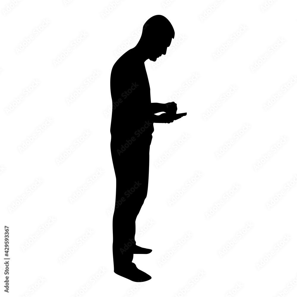 Silhouette man holding smartphone phone playing tablet male using communication tool idea looking phone addiction concept dependency from modern technologies black color vector illustration flat