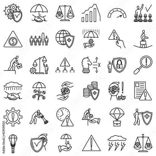 Risk management business, protection against threats, security of economic activity. Economy, money, finance, adverse factors. Set of vector icons, isolated, Outline. Perfect pixel 48x48.