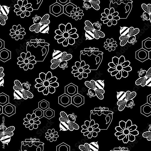 seamless pattern little honey bees with honey and flowers, white on black background, chalk board, honey jar, honeycomb, doodle illustration, cartoon characters, for printing on textiles and packaging