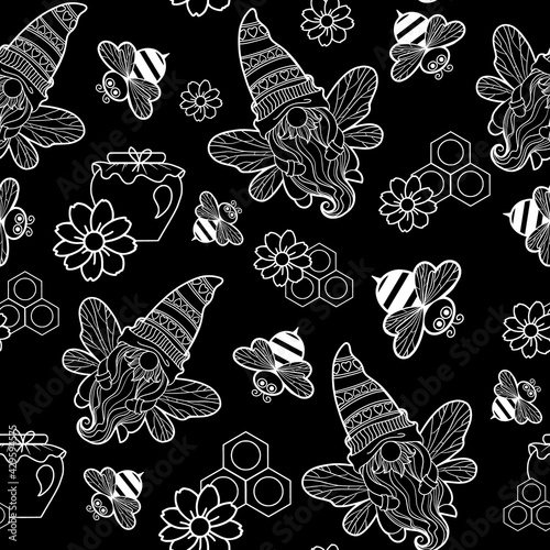 seamless pattern of gnomes with honey and bees, white on a black background, chalk board, honey jar, gnomes with a daisy, gnome-bee, gnome cartoon characters, for printing on textiles and packaging