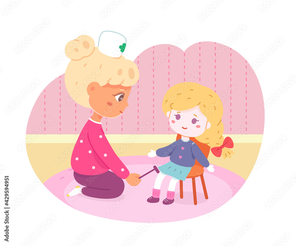 Little girl playing doctor with doll. Happy kid with toy as patient sitting on chair vector illustration. Cute child checking knees with medical hammer. Childhood activity at home scene Little girl playing doctor with doll. Happy kid with toy as patient sitting on chair vector illustration. Cute child checking knees with medical hammer. Childhood activity at home scene