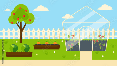 garden plot with greenhouse and high beds organic farming