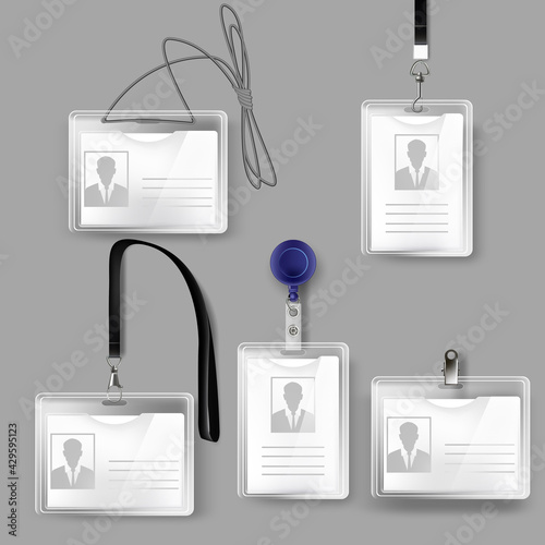Badges with name or id tag set. Identification cards with lanyard, cord or ribbon vector illustration. Plastic mock up template for conference events, office employee pass