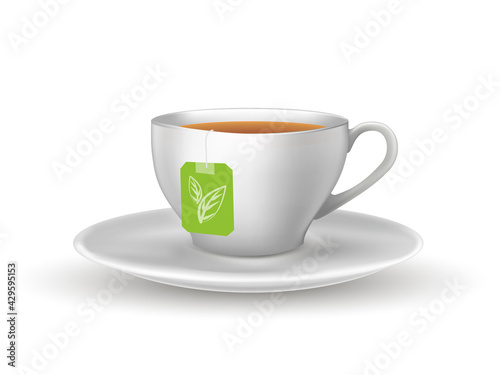 Green herbal tea in cup on plate. Teabag with label tag design in mug with hot liquid vector illustration. Healthy traditional aromatic drink isolated on white background