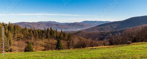 Autumn Beskid Slaski mountains from meadow bellow Mala Czantoria hill summit in Poland © honza28683