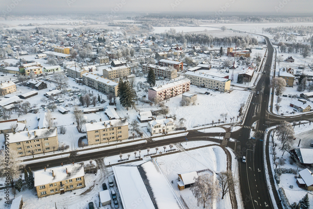 Aerial vief of Skrunda town in winter, Latvia.