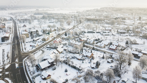 Aerial vief of Skrunda town in winter, Latvia.