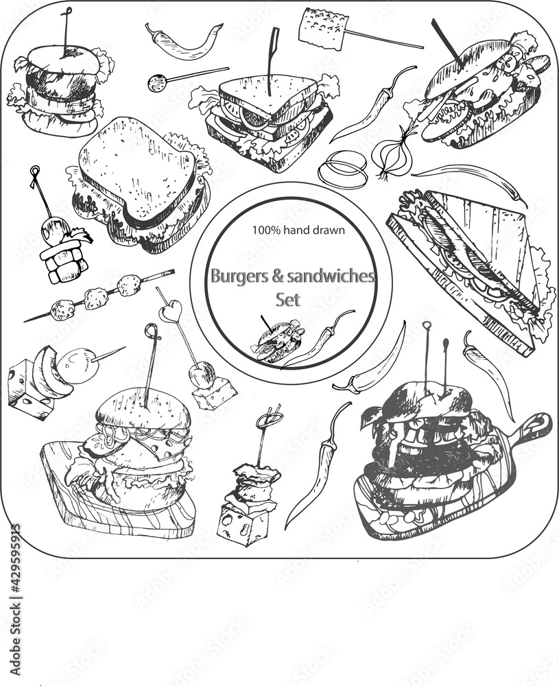 A DRAWN SET OF BURGERS AND SANDWICHES