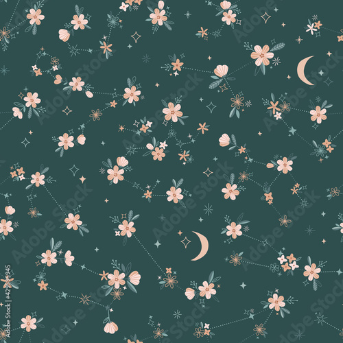 Ditsy Floral zodiac constellation vector seamless pattern. Moon blossom calico magical print design Celestial floral star sign graphic background 